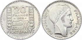 France 20 Francs 1938 
KM# 879; Silver; UNC with Fill Mint Luster!