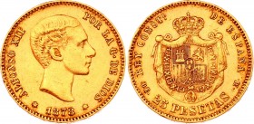 Spain 25 Pesetas 1878 (18XX)
KM# 673; Gold (.900) 7.99g 24mm; Alfonso XII