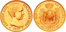 Spain 20 Pesetas 1887 PGV
KM# 693; Gold (.900) 6.45g 21mm; Alfonso XIII