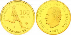 Spain 100 Euro 2006 
KM# 1077; Gold (.999) 6.75g 23mm; Proof; 2006 FIFA World Cup in Germany; Juan Carlos I