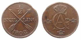 Sweden 1/2 Skilling 1802 
KM# 565; Сopper; XF/XF+