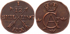 Sweden 1/12 Skilling 1808 
KM# 563; Copper 2,4g.; Coin from an old collection; Natural cabinet patina; Pleasant colour; Attractive collectible sample...