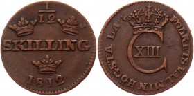 Sweden 1/12 Skilling 1812 
KM# 584; Copper 2,13g.; Coin from an old collection; Natural cabinet patina; Pleasant colour; Attractive collectible sampl...