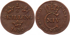 Sweden 1/6 Skilling 1830 
KM# 625; Copper 3,12g.; Coin from an old collection; Natural cabinet patina; Pleasant colour; Attractive collectible sample...