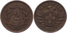 Switzerland 2 Rappen 1934 B Key Date
KM# 4.2a; Bronze 2,98g.; XF