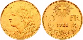 Switzerland 10 Francs 1922 B
KM# 36; Gold (.900) 3.22g 19mm; UNC