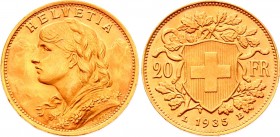 Switzerland 20 Francs 1935 B
KM# 35; Gold (.900) 6.45g 21mm; UNC