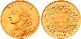Switzerland 20 Francs 1935 B
KM# 35; Gold (.900) 6.45g 21mm; UNC
