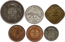 British India Set of 6 Coins 1939 -1946
2 x 1/2 Pice - 2 Annas - 1/4 - 1/2 - 1 Rupee; KM# 528 - 541a - 547 - 553 - 557.2; Silver; Georg VI; XF-AUNC