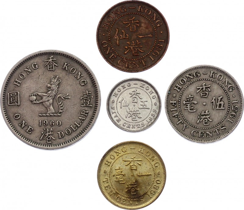 Hong Kong Set of 5 Coins 1931 -1980
1 - 5 - 10 - 50 Cents & 1 Dollar; KM# 17 - ...