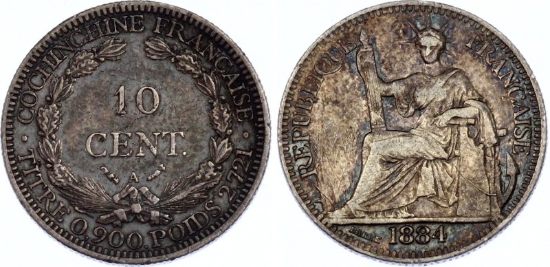 French Cochinchina 10 Centimes 1884 
KM# 4; VF+/XF- Nice Toning