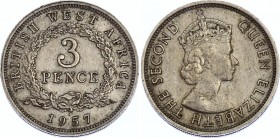 British West Africa 3 Pence 1957 H
KM# 35; Elizabeth II; XF