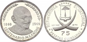 Equatorial Guinea 75 Pesetas 1970 Mahatma Gandhi Centennial
KM# 11; Silver, Proof. Mintage 4000. Rare coin.