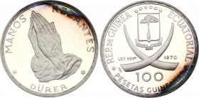 Equatorial Guinea 100 Pesetas 1970 Durer’s Praying Hands
KM# 12.1; Silver, Proof. Mintage Unknown.