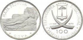 Equatorial Guinea 100 Pesetas 1970 Goya’s Naked Maja
KM# 13.5; Silver, Proof. Mintage 30000.