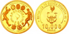 Equatorial Guinea 10000 Ekuele 1979 (ND) Very Rare!
KM# 41; Gold (.917) 13.92g 30mm; Proof; Soccer Games Argentina 1978; Mintage 121 Pcs Only!