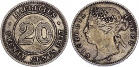 Mauritius 20 Cents 1877 H
KM# 11.1; Silver; Victoria; XF