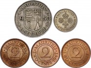 Mauritius Set of 5 Coins 1947 -1971
3 x 2 Cents - 1/4 Rupee - 1 Rupee; KM# 22 - 32 - 27 - 29.1; Georg VI - Elizabeth II; XF-UNC