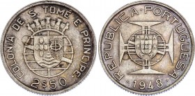 Saint Thomas & Prince 2-1/2 Escudos 1948 
KM# 5; Silver; Mintage 120,000; XF