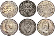 Seychelles 3 x 25 Cents 1951 -1974
KM# 9 - 11; Georg VI - Elizabeth II; XF-UNC