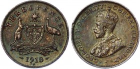 Australia 3 Pence 1918 M
KM# 24; Silver; George V; AUNC with Amazing Multicolour Toning!