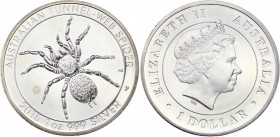 Australia 1 Dollar 2015 
Silver (.999) 31.1g 40.6mm; Elizabeth II ; Australian Funnel-Web Spider