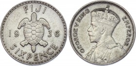 Fiji 6 Pence 1936 
KM# 3; Silver; Georg V; XF