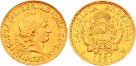 Argentina 5 Pesos / 1 Argentino 1887 
KM# 31; Gold (.900) 8.06g 22.12mm