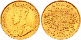 Canada 5 Dollars 1913 
KM# 26; Gold (.900) 8.26g 21.59mm; George V