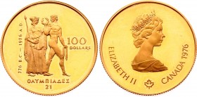 Canada 100 Dollars 1976 
KM# 116; Gold (.917) 16.96g 25mm; Proof; 1976 Montreal Olympic Games; Elizabeth II