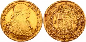 Chile 8 Escudos 1814 So FJ
KM# 78; Gold (.875) 26.19g 38mm; Fernando VII bust of Carlos IV