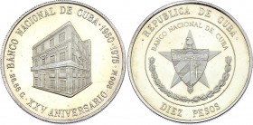Cuba 10 Pesos 1975 
KM# 37; Silver Proof; 25 Anniversary of National Bank