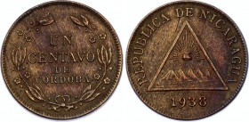 Nicaragua 1 Centavo 1938 
KM# 11; UNC with Nice Toning!