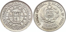 Peru 20 Soles 1965 
KM# 241; Silver; 400th Anniversary of the Foundation of La Casa de Moneda in Lima; UNC