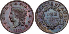 United States 1 Cent 1831 
KM# 45.1; "Liberty Head / Matron Head"; UNC with minor hairlines, Outstanding Patina!