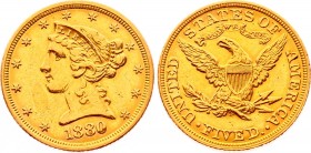 United States 5 Dollars 1880 
KM# 101; Gold (.900) 8.27g 21.6mm; "Liberty / Coronet Head - Half Eagle" With motto