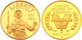 United States 5 Dollars 1991 W
KM# 245; Gold (.900) 8.35g 21.6mm; Proof; 50th Anniversary of World War II (1991-1995)