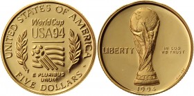 United States 5 Dollars 1994 W
KM# 248; Gold (900) 8,36g.; FIFA World Cup 94; Proof