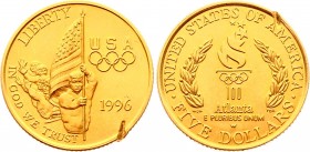 United States 5 Dollars 1996 W
KM# 274; Gold (.900) 8.26g 21.6mm; XXVI Olympiad Flag Bearer; Mintage 9,174 Pcs