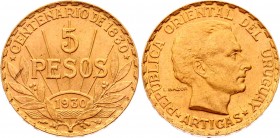 Uruguay 5 Pesos 1930 
KM# 27; Gold (.917) 8.48g 22mm; Constitution Centennial