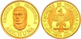 Venezuela 60 Bolivares 1961 ARICHUNA
Gold (900), 22.2g; Proof; Series: 16th Century Chiefs, 1955-1960; Obv: Condor Obv. Legend: CACIQUES DE VENEZUELA...