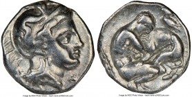 CALABRIA. Tarentum. Ca. 380-280 BC. AR diobol (10mm, 2h). NGC Choice VF. Ca. 325-280 BC. Head of Athena right, wearing crested Attic helmet decorated ...