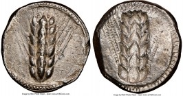 LUCANIA. Metapontum. Ca. 470-440 BC. AR stater (19mm, 11h). NGC XF, overstruck. MET, six-grained barley ear; dotted border on raised rim; Incuse six-g...