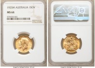 George V gold Sovereign 1925-M MS64 NGC, Melbourne mint, KM29, S-3999. Exquisite silky, yellow-gold surfaces permeate this example. AGW 0.2355 oz.

...