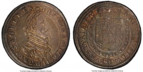 Ferdinand II Taler 1624 AU55 PCGS, Graz mint, Dav-3104. The gunmetal patination yields to prominent cabinet tones hidden in the recesses of the chisel...