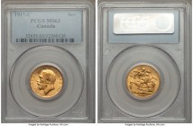 George V gold Sovereign 1917-C MS63 PCGS, Ottawa mint, KM20. A coin with full mint bloom and relatively mark free surfaces and a deep apricot patina....