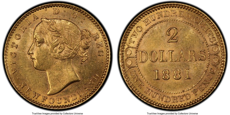 Newfoundland. Victoria gold 2 Dollars 1881 AU58 PCGS, London mint, KM5. Mintage:...