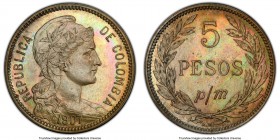 Republic Proof 5 Pesos 1907-AM PR65 PCGS, KM279. Superb iridescence envelopes this specimen completely. Comes with Auction tag from Stacks Bowers Gall...