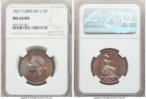 George IV 1/2 Penny 1827 MS64 Brown NGC, KM692, S-3824. Exhibiting full cartwheel luster, this flashy specimen displays captivating blues amongst mott...