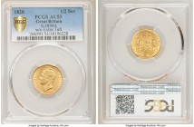 George IV gold 1/2 Sovereign 1828 AU53 PCGS, KM700, S-3804A. Without extra tuft variety. Matte-like surfaces populate this gently circulated represent...